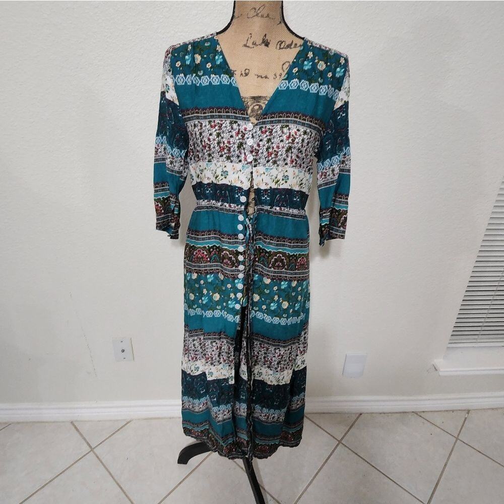 YOUBOYA teal pink paisley striped cottage floral dress size small